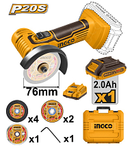 Угловая шлифовальная машина аккумуляторная 76 мм Li-Ion 20В, INGCO, CAGLI76012