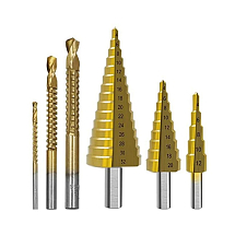 Набор ступенчатых сверл (3 шт.): 4-12 мм, 4-20 мм, 4-30 мм и зубчатые сверла (3 шт.): 3, 6, 8 мм